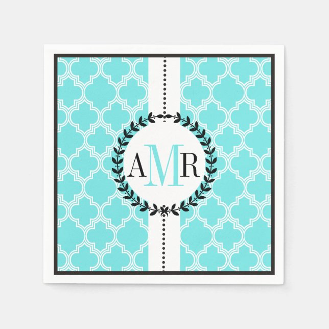 Aqua blue, white quatrefoil pattern wedding paper napkins (Front)
