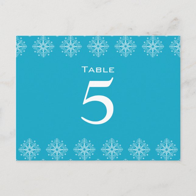 Aqua blue + white snowflakes wedding table number (Front)