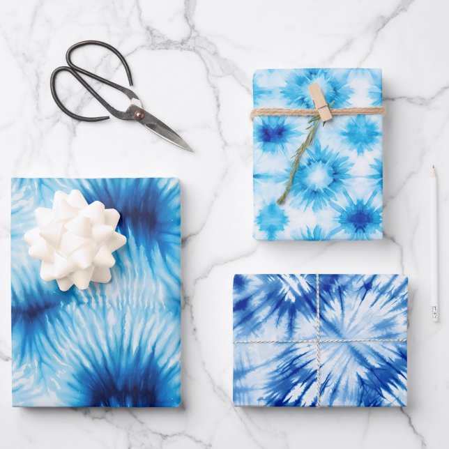 Aqua Blue White Tie Dye  Wrapping Paper Sheets (Front)