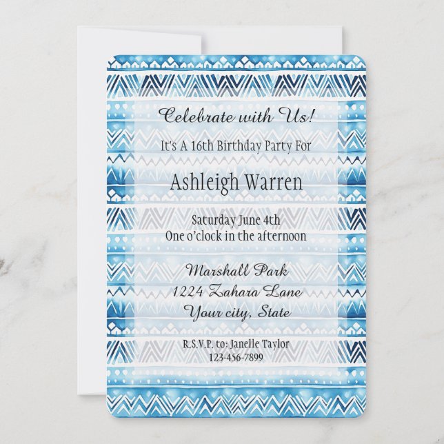 Aqua Blue White Tribal Stripes 16th Birthday Invitation (Back)