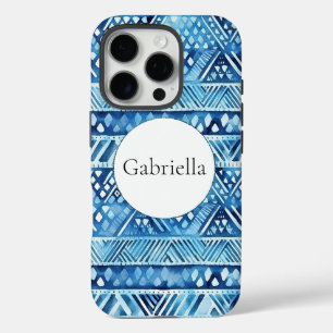 Aqua Blue White Tribal Stripes Dots iPhone 16 Pro Case