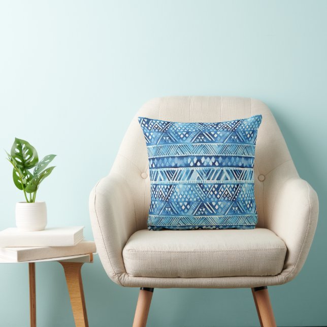 Aqua Blue White Tribal Stripes Dots  Throw Pillow (Chair)