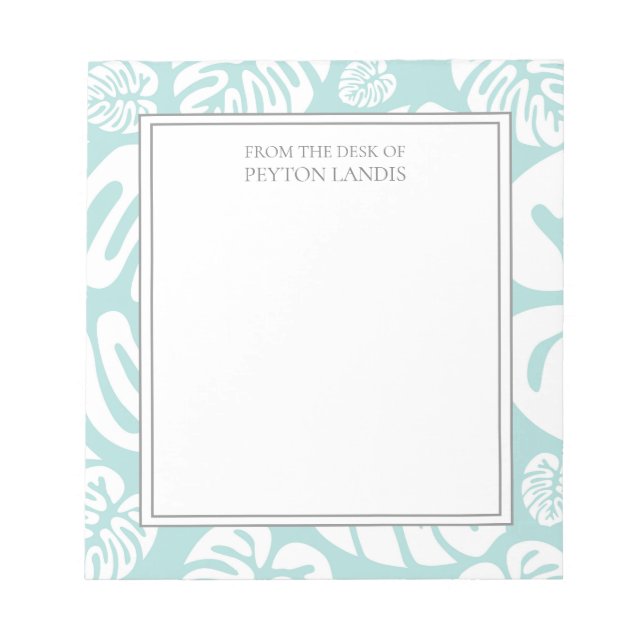 Aqua Blue White Tropical Leaves Monster Desk of Notepad (Front)