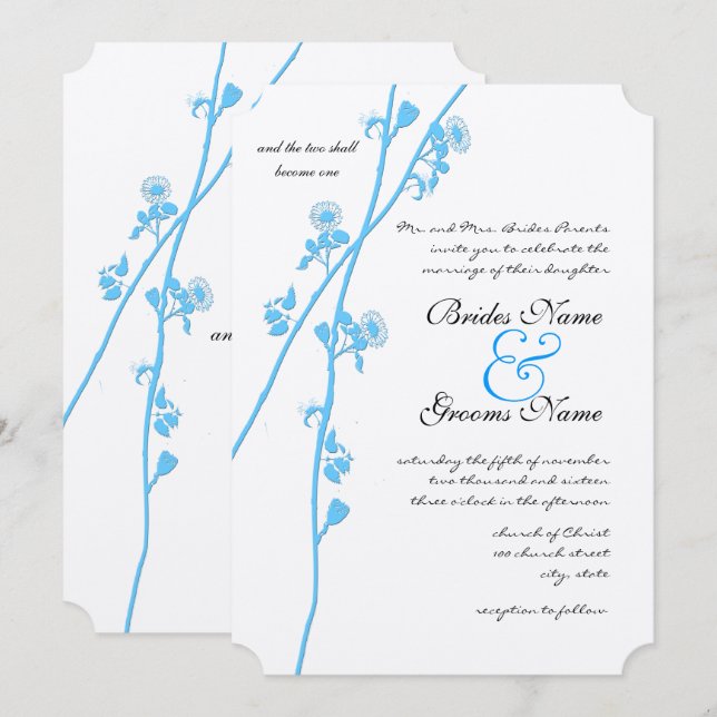 Aqua Blue Wildflower Branch Rustic Wedding Invitation (Front/Back)