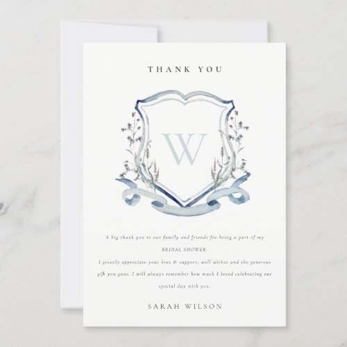 Aqua Blue Wildflower Monogram Crest Bridal Shower Thank You Card