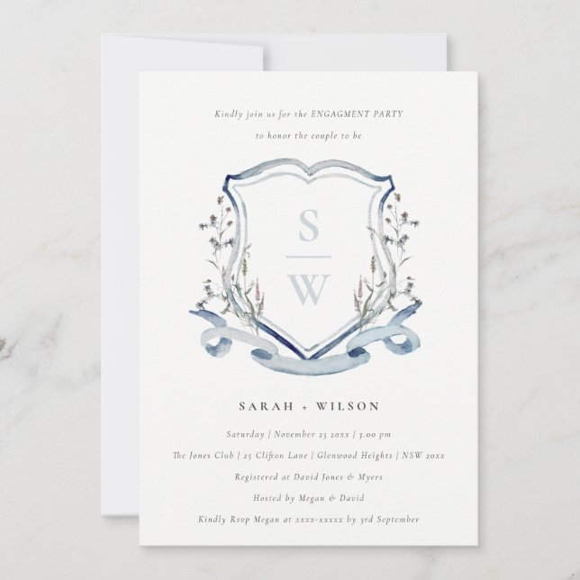 Aqua Blue Wildflower Monogram Crest Engagement Invitation (Front)