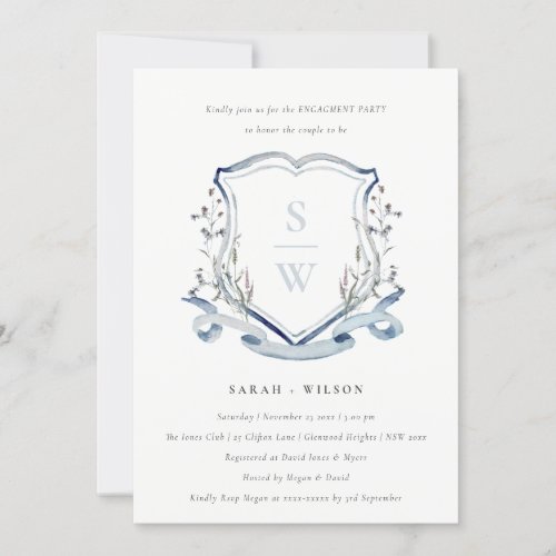 Aqua Blue Wildflower Monogram Crest Engagement Invitation