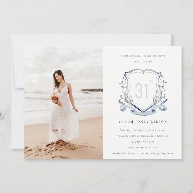 Aqua Blue Wildflower Monogram Crest Photo Birthday Invitation (Front)