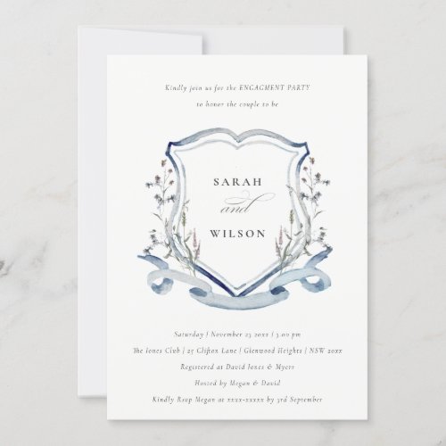 Aqua Blue Wildflower Watercolor Crest Engagement Invitation