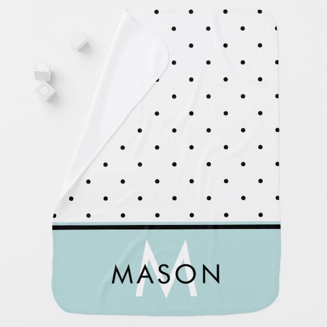 Aqua Blue with Black and White Polka Dots Swaddle Blanket (In Situ)