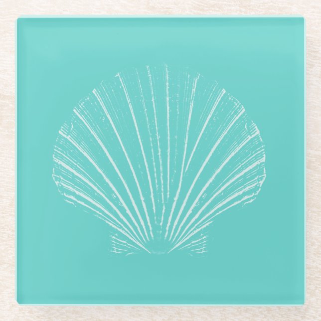 Aqua Blue with White Sea Shell Glass Coaster (Front)