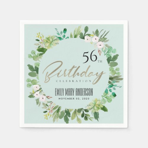 AQUA BLUE WREATH FAUNA WATERCOLOR ANY AGE BIRTHDAY NAPKINS