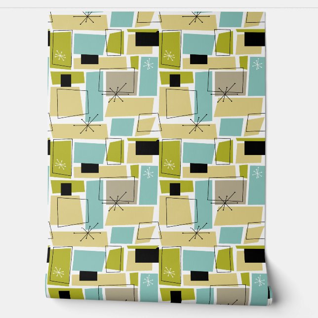 Aqua Blue Yellow Abstract Rectangles Mid Century Wallpaper (Unrolling)