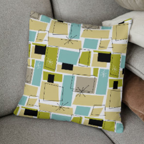 Aqua Blue Yellow Abstract Squares Mid Century Throw Pillow