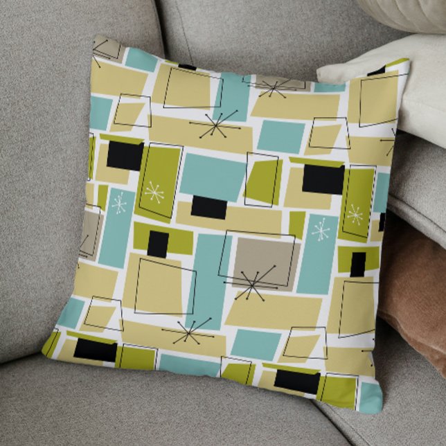 Aqua Blue Yellow Abstract Squares Mid Century Throw Pillow (Creator Uploaded)