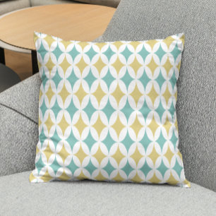 Aqua Blue Yellow Atomic Diamond Pattern Midcentury Throw Pillow