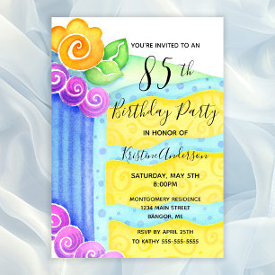 Aqua Blue Yellow Cake Floral 85th Birthday Party Invitation
