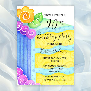 Aqua Blue Yellow Cake Floral 90th Birthday Party Invitation