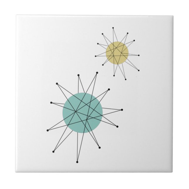 Aqua Blue Yellow Franciscan Starburst Mid Century Ceramic Tile (Front)