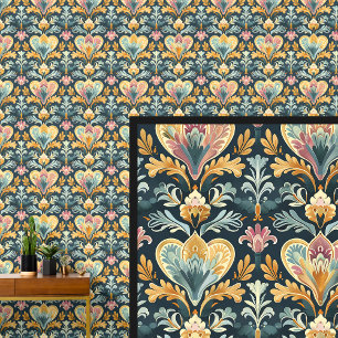 Aqua Blue Yellow Gold Art Nouveau Wallpaper