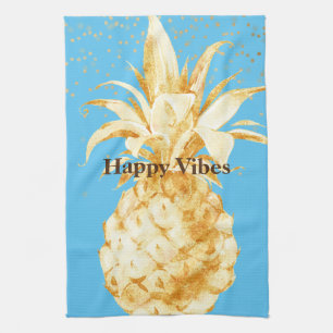 Aqua Blue Yellow Gold Pineapple Kitchen Towel
