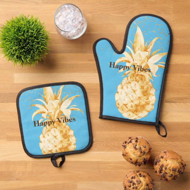 Aqua Blue Yellow Gold Pineapple Oven Mitt & Pot Holder Set (Top Down)