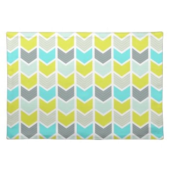 Aqua Blue Yellow Gray Geometric Chevron Pattern Cloth Placemat by VintageDesignsShop at Zazzle