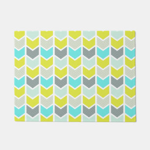 Aqua Blue Yellow Gray Geometric Chevron Pattern Doormat
