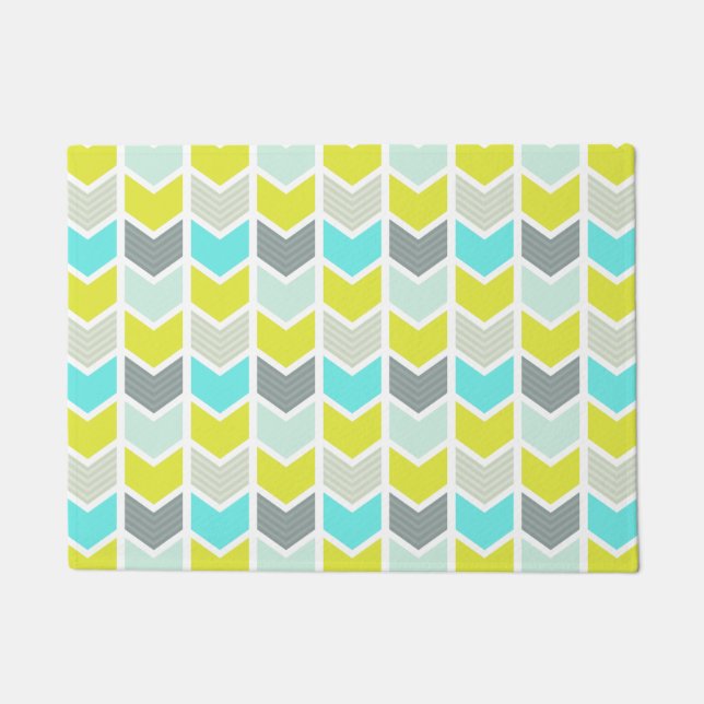 Aqua Blue Yellow Gray Geometric Chevron Pattern Doormat (Front)