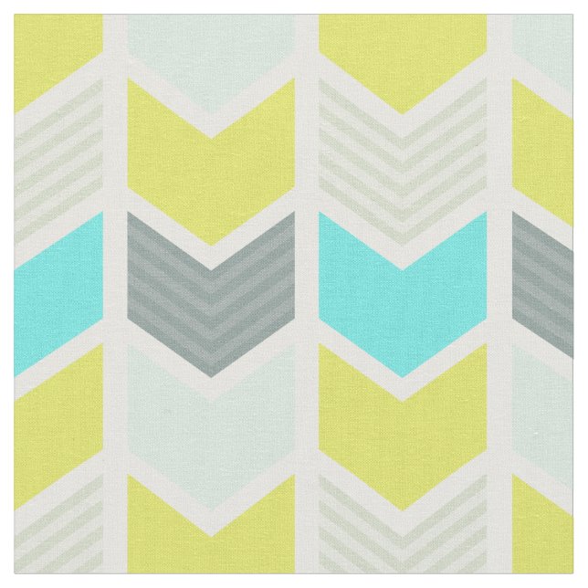 Aqua Blue Yellow Gray Geometric Chevron Pattern Fabric (Close Up)