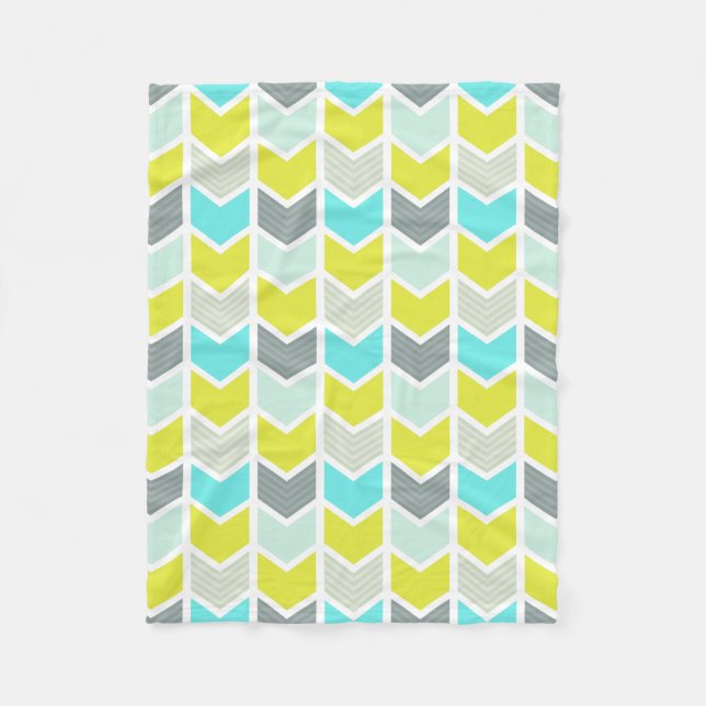 Aqua Blue Yellow Gray Geometric Chevron Pattern Fleece Blanket (Front)