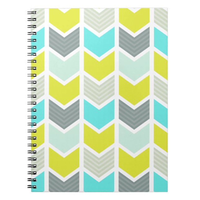 Aqua Blue Yellow Gray Geometric Chevron Pattern Notebook (Front)