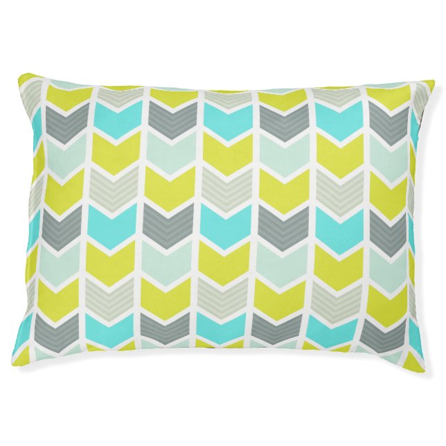 Aqua Blue Yellow Gray Geometric Chevron Pattern Pet Bed (Front)