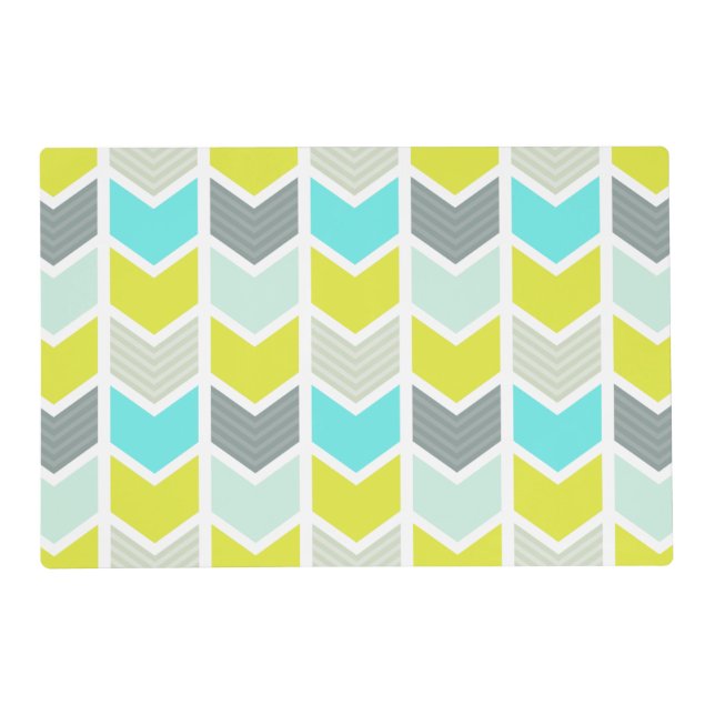 Aqua Blue Yellow Gray Geometric Chevron Pattern Placemat (Front)
