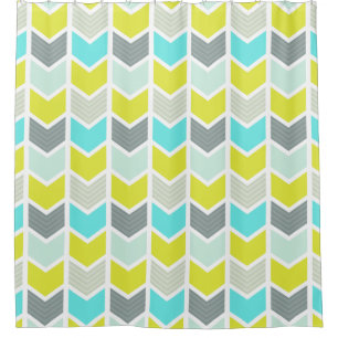 Aqua Blue Yellow Gray Geometric Chevron Pattern Shower Curtain