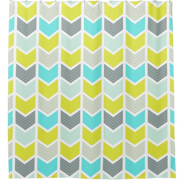 Aqua Blue Yellow Gray Geometric Chevron Pattern Shower Curtain (Front)
