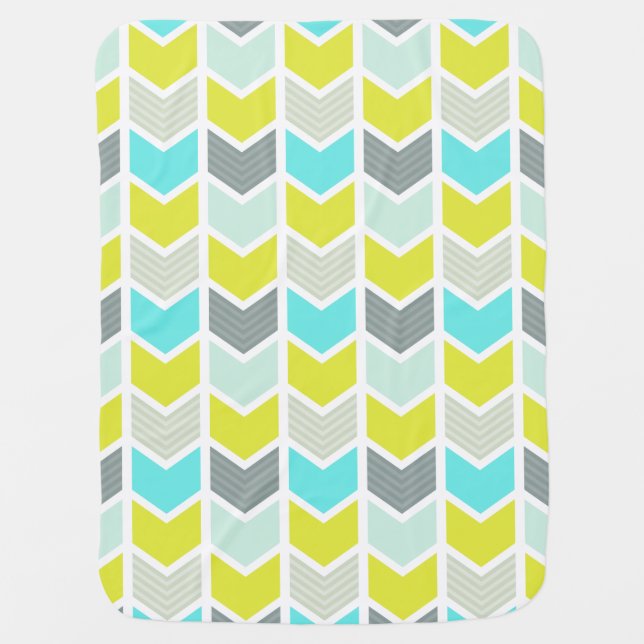 Aqua Blue Yellow Gray Geometric Chevron Pattern Swaddle Blanket (Front)