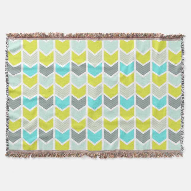 Aqua Blue Yellow Gray Geometric Chevron Pattern Throw Blanket (Front)
