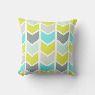 Aqua Blue Yellow Gray Geometric Chevron Pattern Throw Pillow