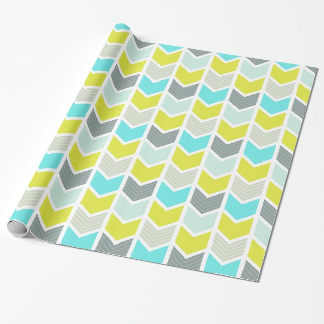 Aqua Blue Yellow Gray Geometric Chevron Pattern Wrapping Paper (Unrolled)