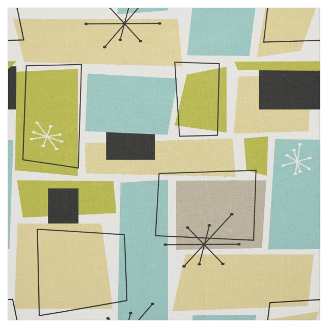 Aqua Blue Yellow Rectangles Mid Century Pattern Fabric (Swatch)