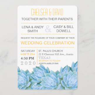 Aqua Blue & Yellow Succulent Modern Chic Wedding Invitation