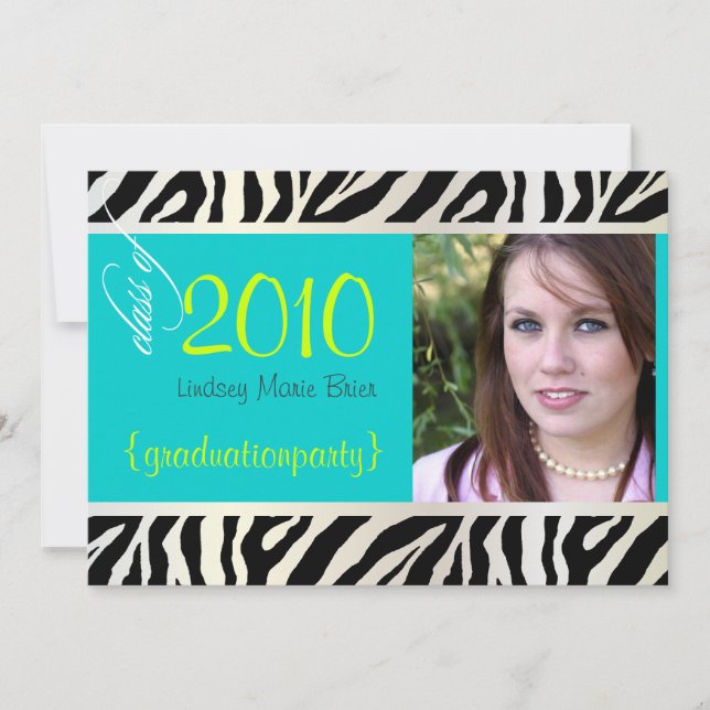 Aqua Blue Zebra Graduation Photo Invitation (Front)