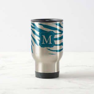 Aqua Blue Zebra Print Monogram Travel Mug