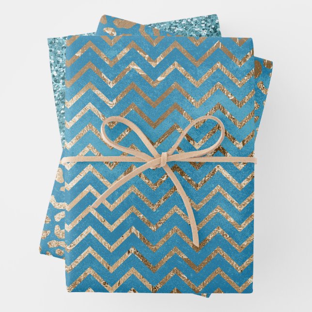 Aqua Blue Zig Zag and Leopard Wrapping Paper Sheets (In situ)