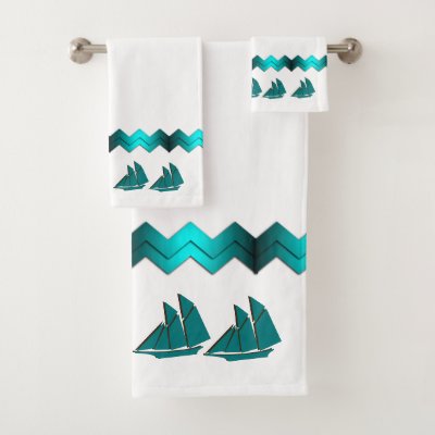 Aqua Blue Zigzag and Ships Nautical Theme Bath Tow