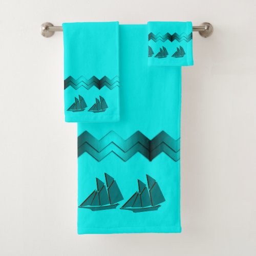 Aqua Blue Zigzag and Ships Nautical Theme