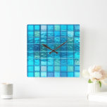 Aqua Blues Translucent Tiled-Look Acrylic  Square Wall Clock