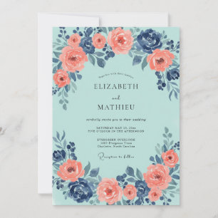 Aqua Blush Coral Peony Wedding Invitation