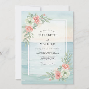 Aqua Blush Leafy Wedding Invitation